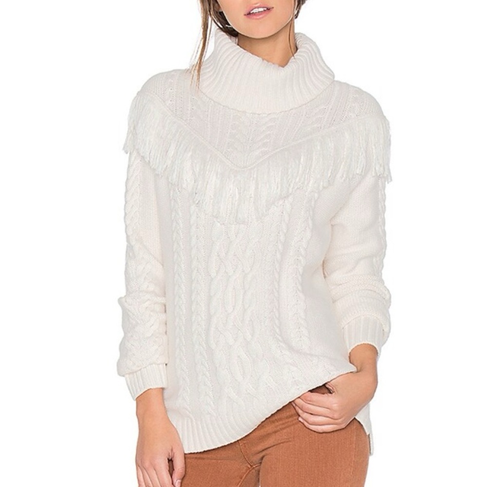 Joie Cream Cable Knit Turtleneck Fringe Wool Cashmere blend Sweater
